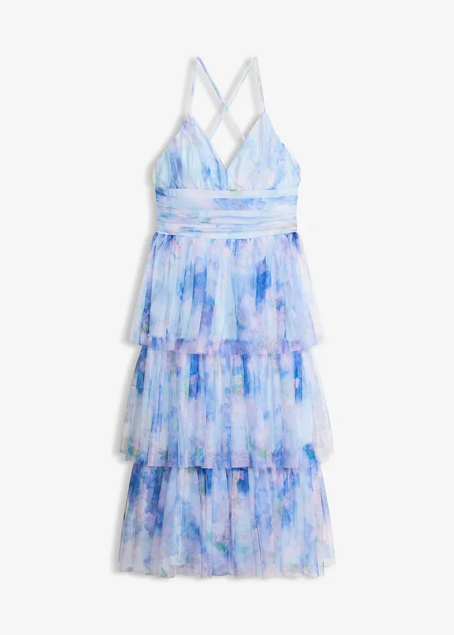 Robe midi en tulle fin à volants • bleu clair floral • Boutique bonprix