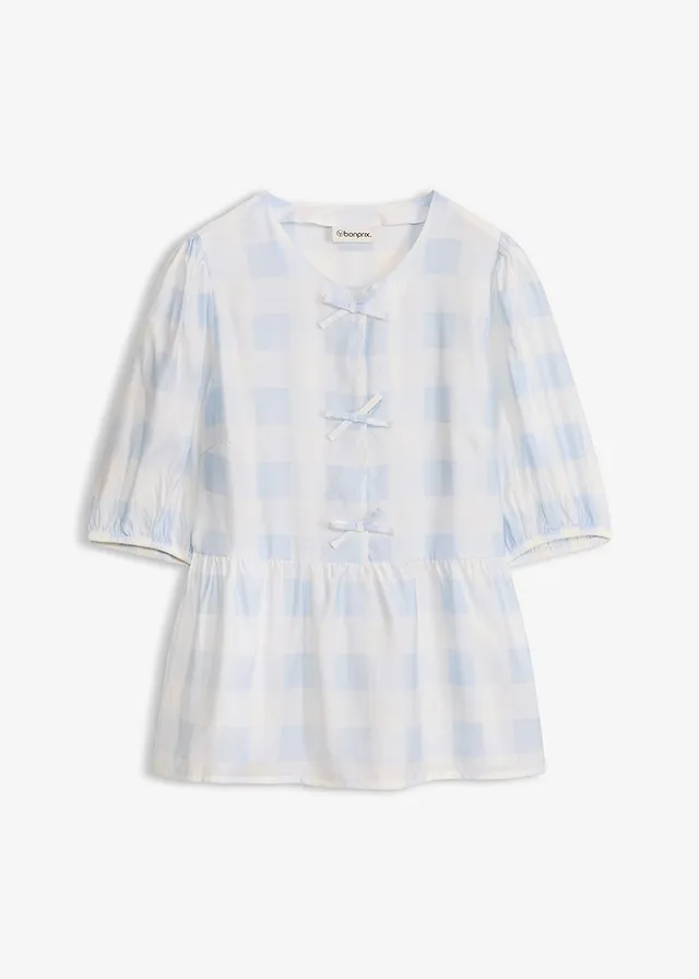 Blouse met strikjes • poederblauw-wolwit geruit • bonprix online shop