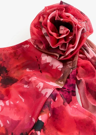 Rochie de seară cu un umăr gol cu aplicații florale • roșu floral • magazin bonprix
