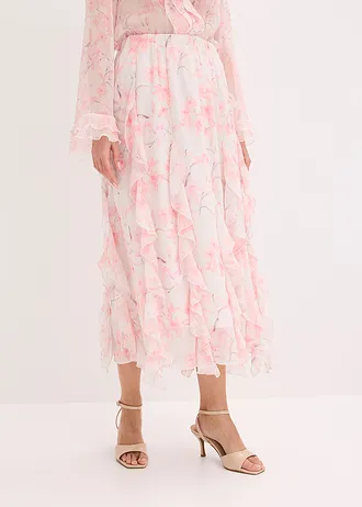 Maxi rok van licht chiffon, Kleur: wolwit gebloemd