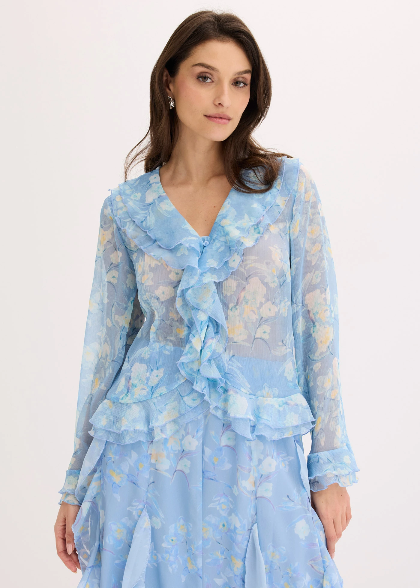 Chemisier en mousseline à volants • bleu poudré floral • Boutique bonprix