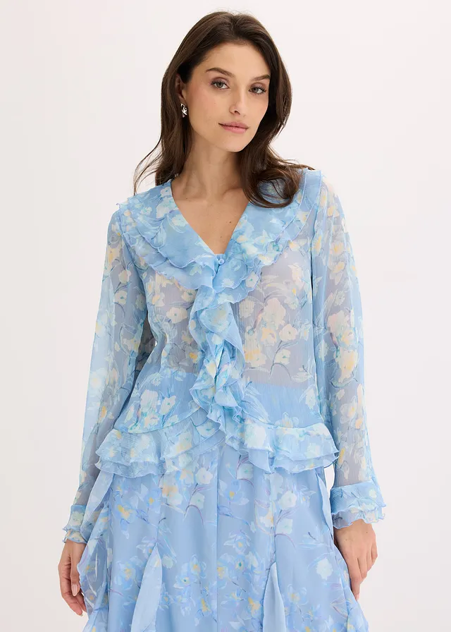 Chemisier en mousseline à volants, Couleur: bleu poudré floral