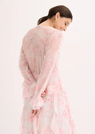 Chiffon blouse met volants, Kleur: wolwit gebloemd