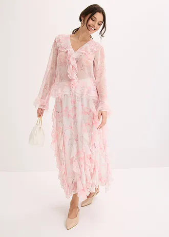 Chiffon blouse met volants • wolwit gebloemd • bonprix online shop