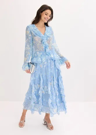 Sifon blúz fodrokkal • púderkék-virágmintás • bonprix áruház