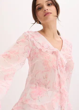 Chiffon blouse met volants • wolwit gebloemd • bonprix online shop