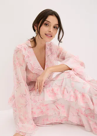 Chiffon blouse met volants • wolwit gebloemd • bonprix online shop