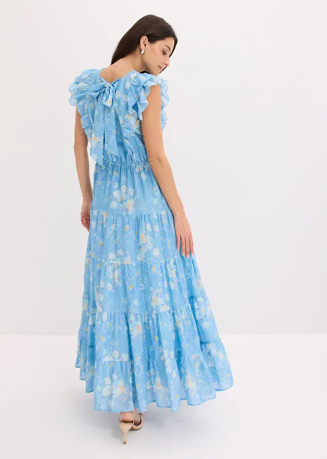 Robe longue 100% coton, Couleur: bleu poudré floral