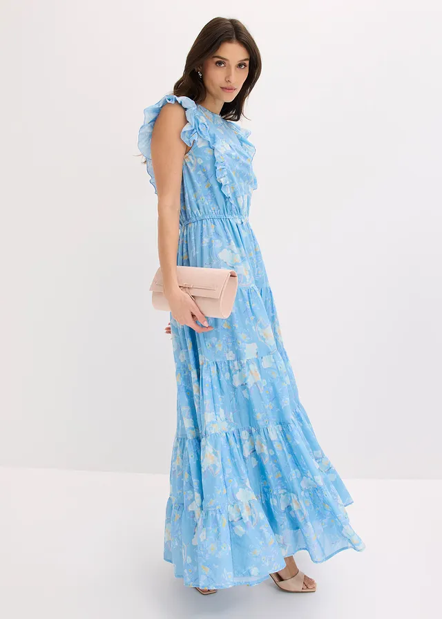 Robe longue 100% coton, Couleur: bleu poudré floral