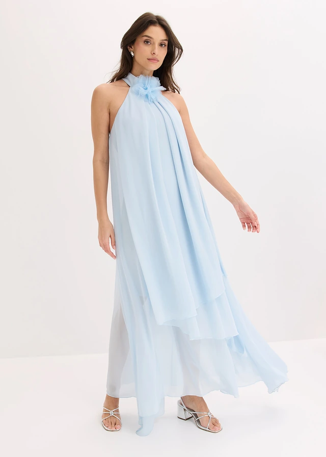 Robe longue avec fleur appliquée, Couleur: bleu poudré