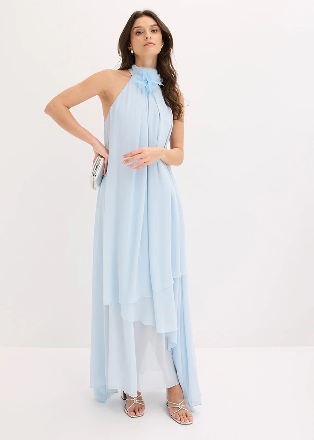 Robe longue avec fleur appliquée, Couleur: bleu poudré
