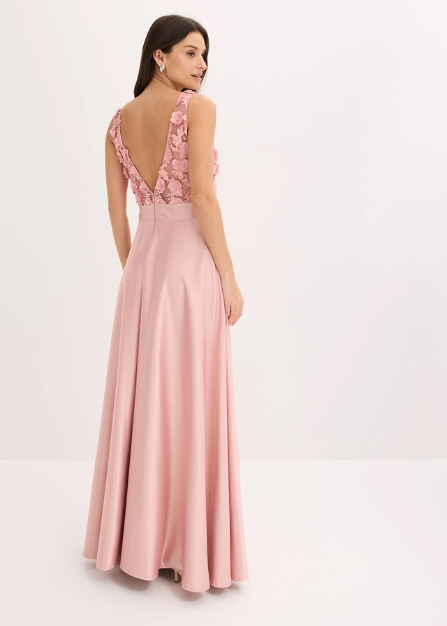 Robe de soirée en satin brillant avec fleurs appliquées, Couleur: rose cendré
