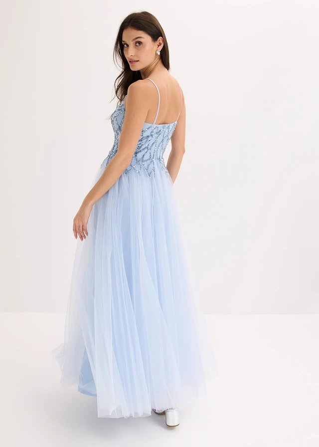 Robe de soirée en tulle avec décors en strass, Couleur: bleu poudré