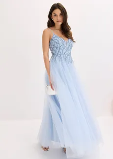 Avondjurk van zachte tule met strassversieringen, Kleur: poederblauw