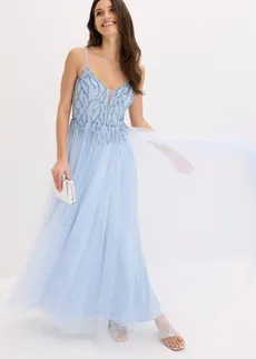 Rochie de seară din tul delicat, cu ștrasuri ornamentale • albastru pudrat • magazin bonprix