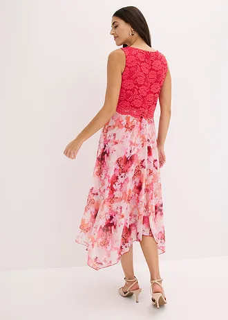 Chiffon jurk met sierlijk kant, Kleur: roze-pink gebloemd