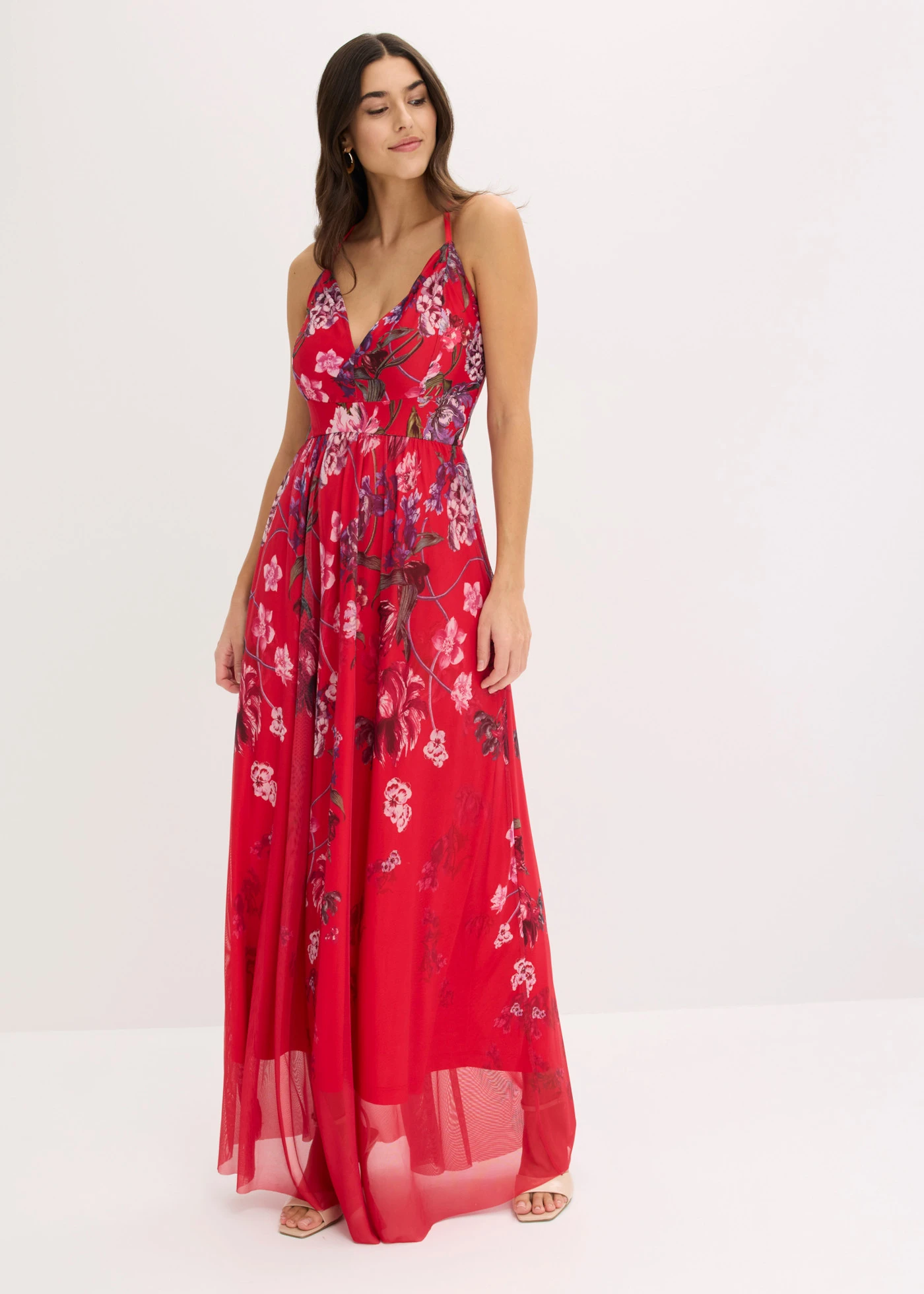 Robe longue en tulle délicat avec bretelles • rouge floral • Boutique bonprix