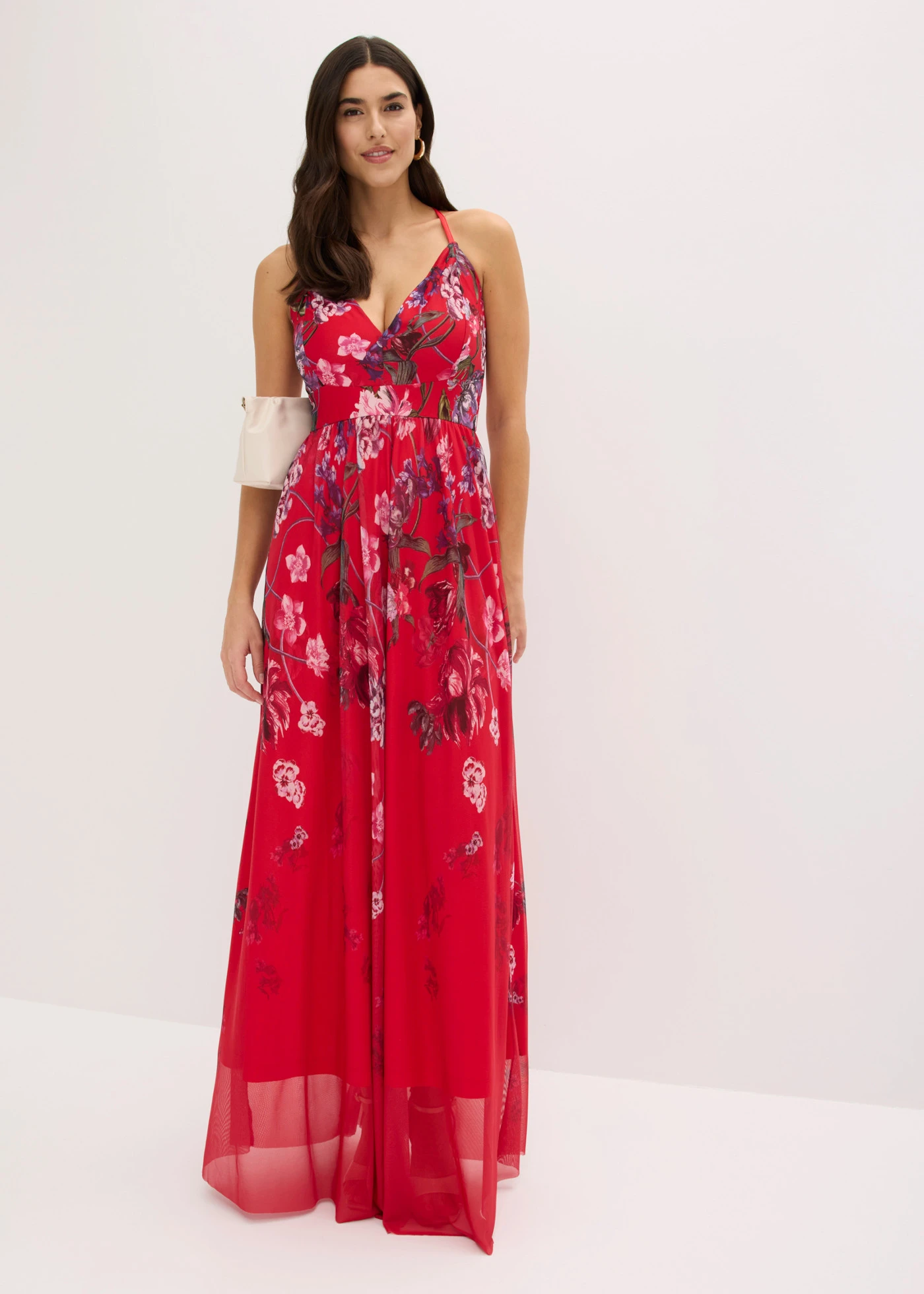 Maxi jurk van fijne tule met spaghettigbandjes • rood gebloemd • bonprix online shop