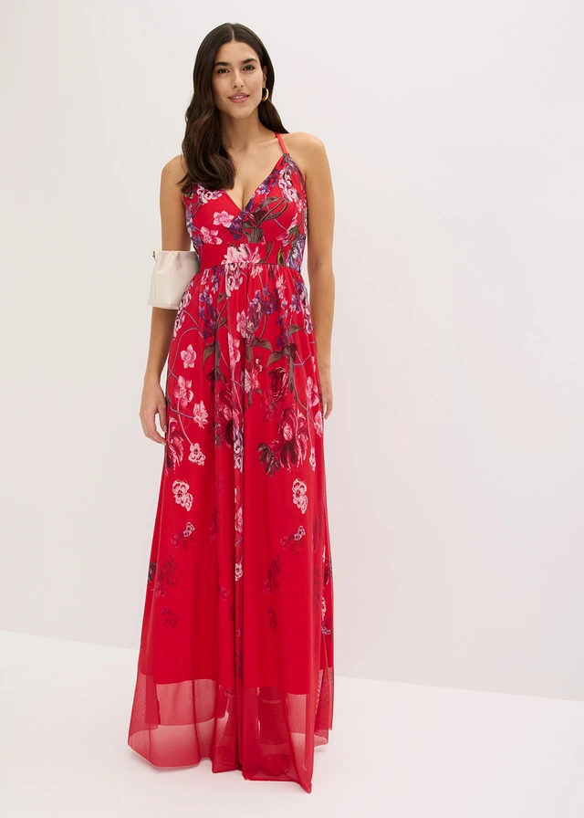 Robe longue en tulle délicat avec bretelles • rouge floral • product-page.page-title-suffix