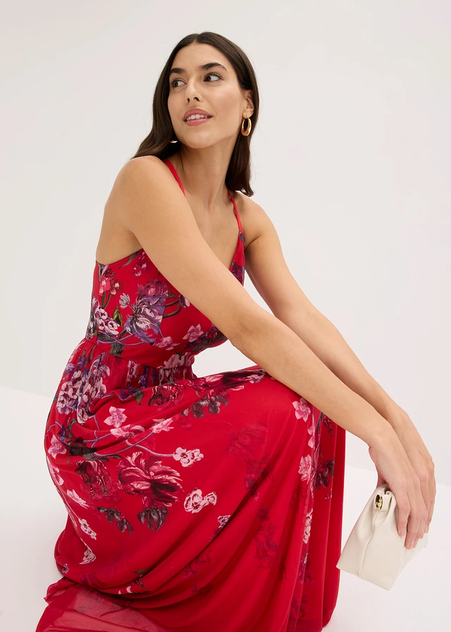 Robe longue en tulle délicat avec bretelles • rouge floral • product-page.page-title-suffix