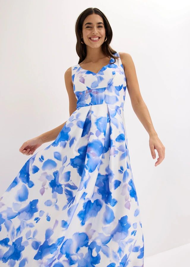 Robe longue en satin brillant • bleu floral • product-page.page-title-suffix