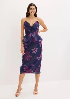 Cocktailjurk van delicate tule met gehaakte rand, Kleur: donkerblauw-paars gebloemd