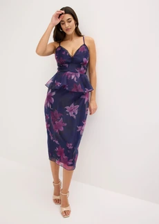 Cocktailjurk van delicate tule met gehaakte rand, Kleur: donkerblauw-paars gebloemd