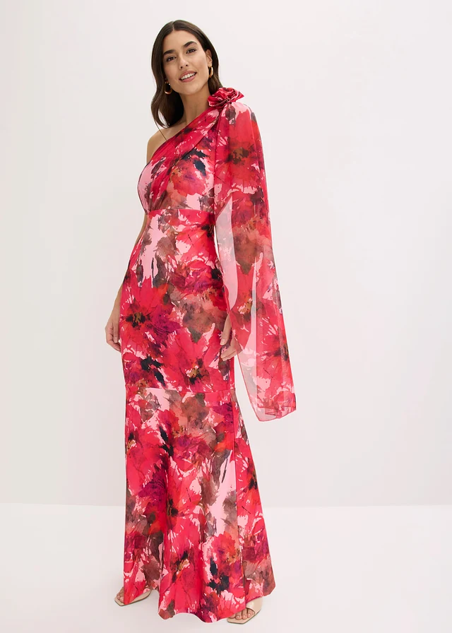 Robe de soirée une épaule avec application de fleur, Couleur: rouge floral