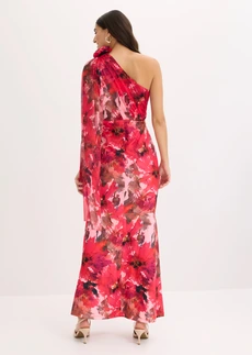 One shoulder galajurk met bloemenapplicatie, Kleur: rood gebloemd