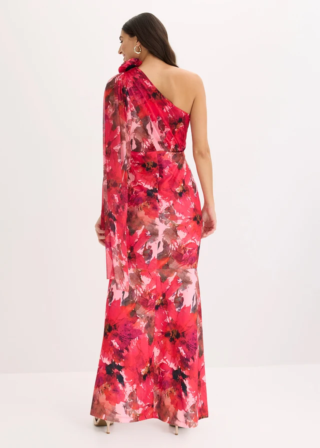 Robe de soirée une épaule avec application de fleur, Couleur: rouge floral
