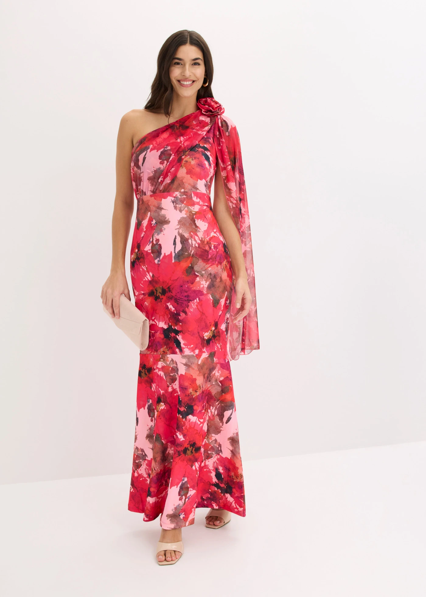 One shoulder galajurk met bloemenapplicatie • rood gebloemd • bonprix online shop