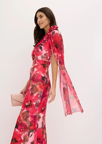 Rochie de seară cu un umăr gol cu aplicații florale • roșu floral • magazin bonprix