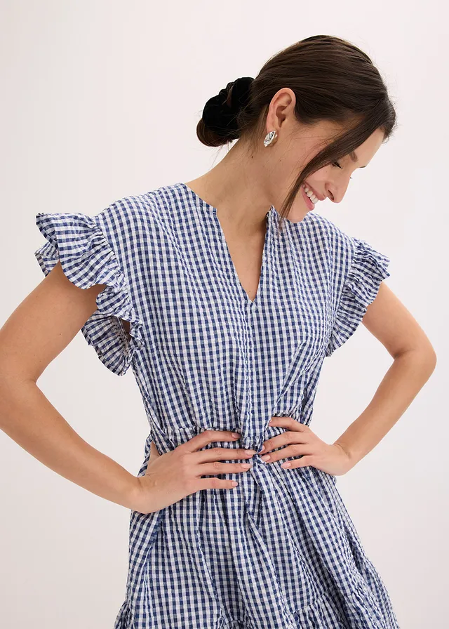 Robe courte en seersucker • écru-bleu foncé carreaux • product-page.page-title-suffix