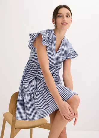 Rochie mini din material seersucker • ecru/bleumarin cadrilat • magazin bonprix