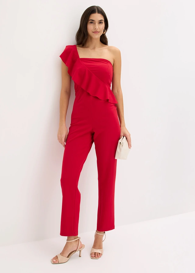 One-shoulder jumpsuit van gestructureerde crêpe, Kleur: donkerrood