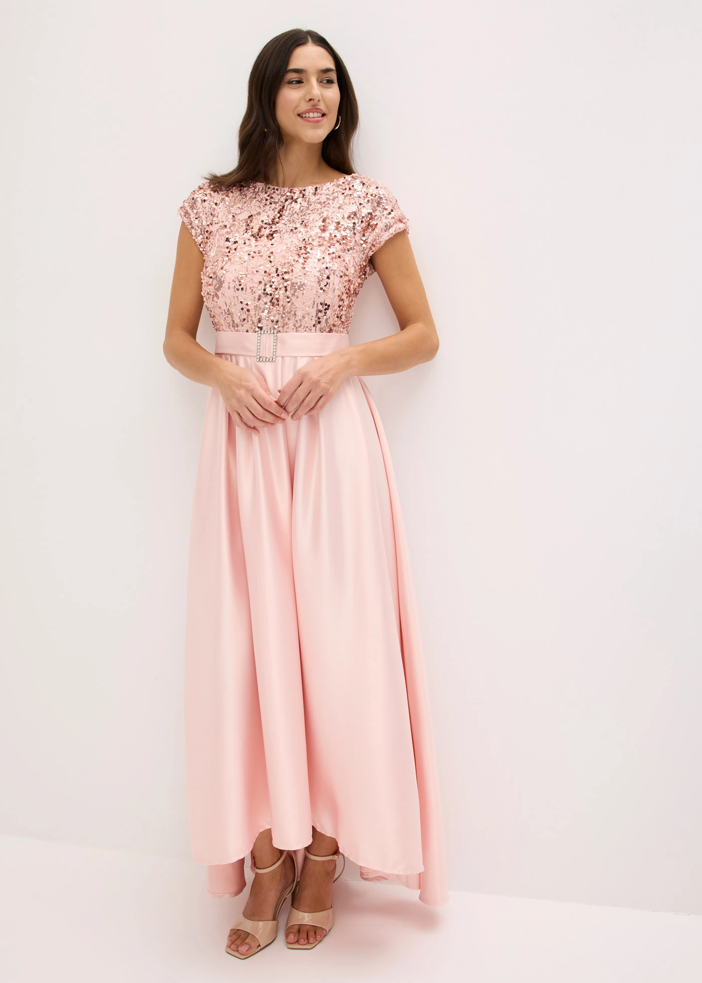 Robe de soirée en satin brillant et sequins • rose nacré • Boutique bonprix