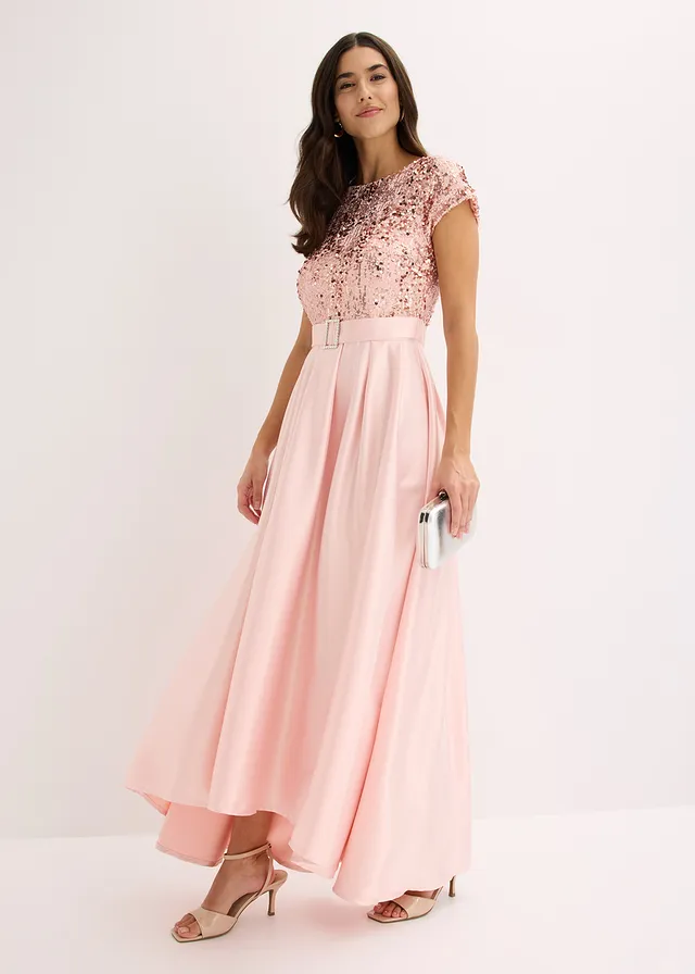 Maxi jurk van glanzend satijn met pailletten • parelroze • bonprix online shop