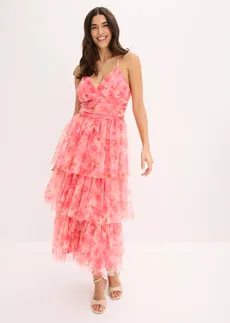 Robe midi en tulle fin à volants • magenta à fleurs • Boutique bonprix