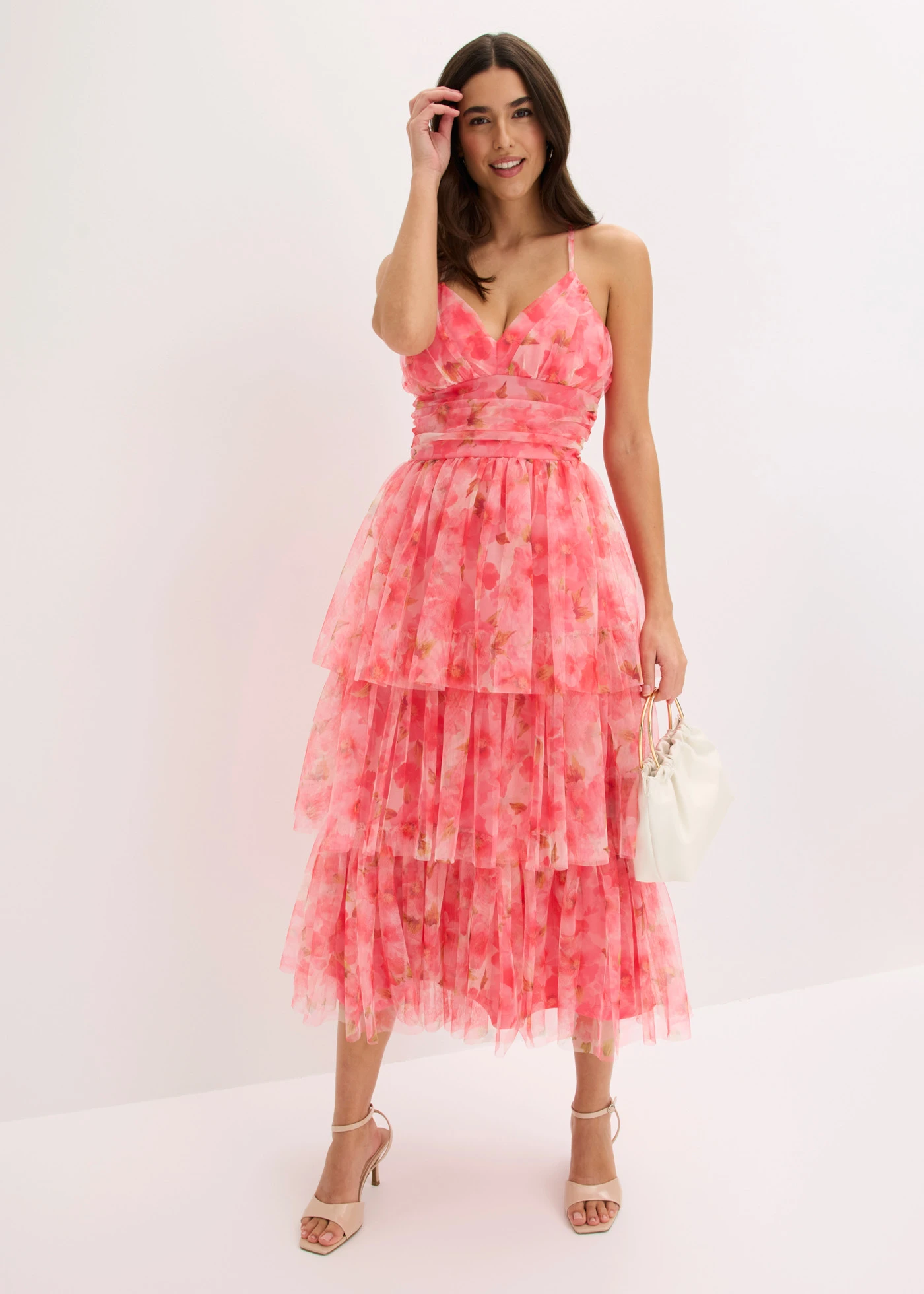Robe midi en tulle fin à volants • magenta à fleurs • Boutique bonprix