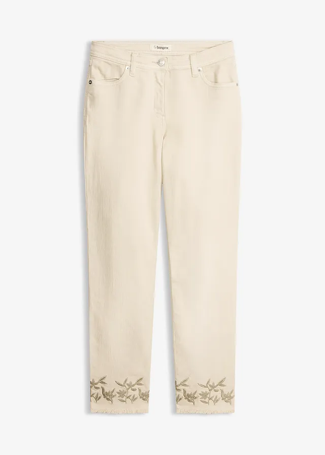 Twill broek met borduursel • lichtsand • bonprix online shop