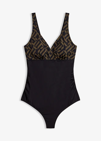 Zwangerschapsbadpak met V-hals, Kleur: zwart/donkerolijfgroen grafische print