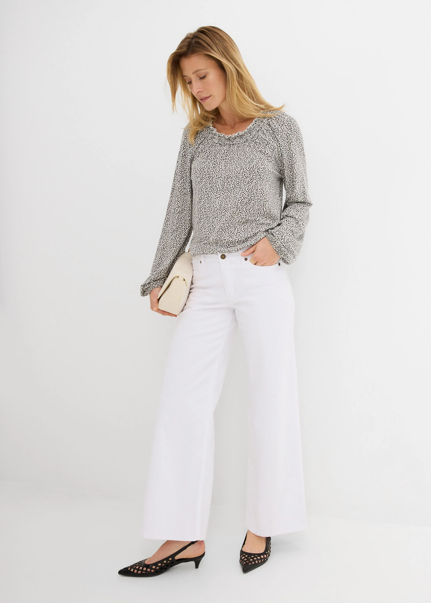 Longsleeve in een viscosemix • wolwit-zwart • bonprix online shop