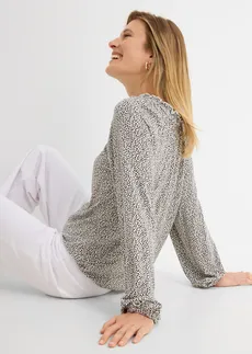 Bluzka z długim rękawem z mieszanki wiskozy • biel wełny - czarny w kwiaty • sklep bonprix