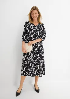Długa sukienka z lejącej wiskozy, kolor: czarny - biel wełny w kwiaty