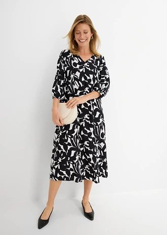 Rochie maxi din viscoză fluidă • negru-ecru înflorat • magazin bonprix