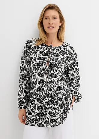 Lange tuniek van viscose, Kleur: wit-zwart gedessineerd