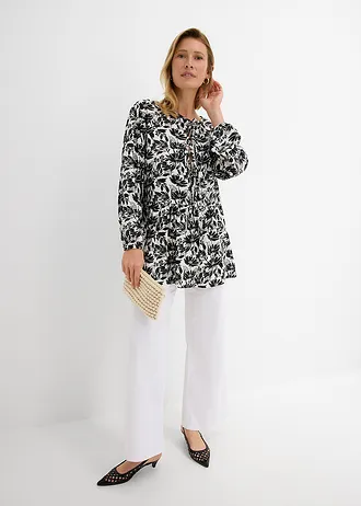 Lange tuniek van viscose, Kleur: wit-zwart gedessineerd