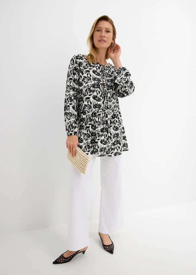 Lange tuniek van viscose, Kleur: wit-zwart gedessineerd