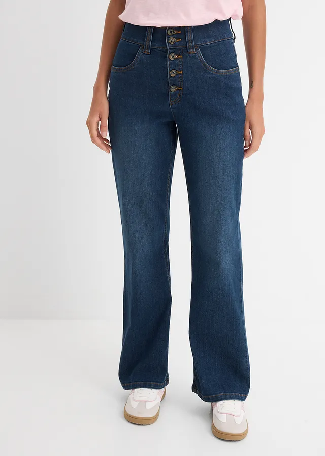 High waist stretch jeans, straight • donkerblauw denim used • product-page.page-title-suffix