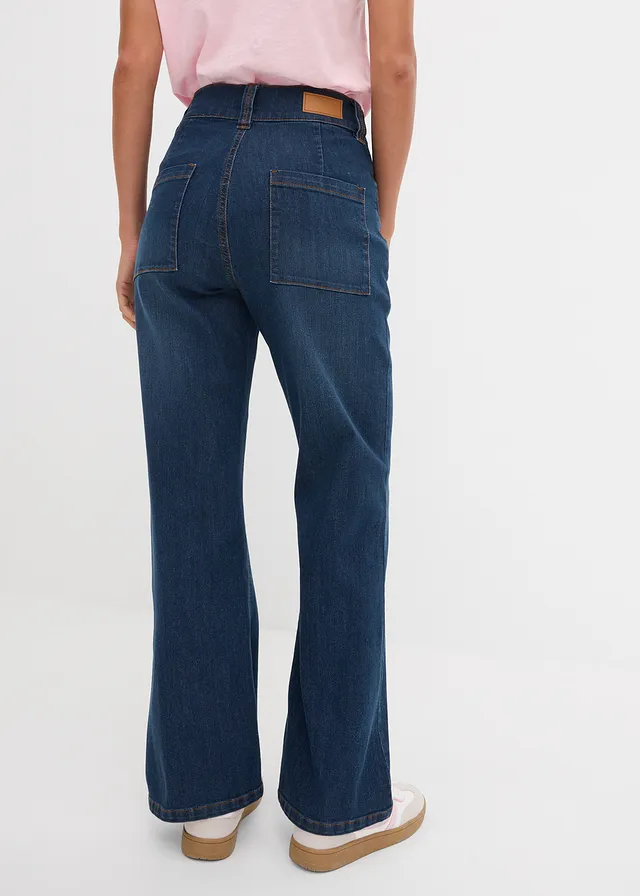 Jeansy ze stretchem, high waist, straight • ciemnoniebieski denim "used" • sklep bonprix